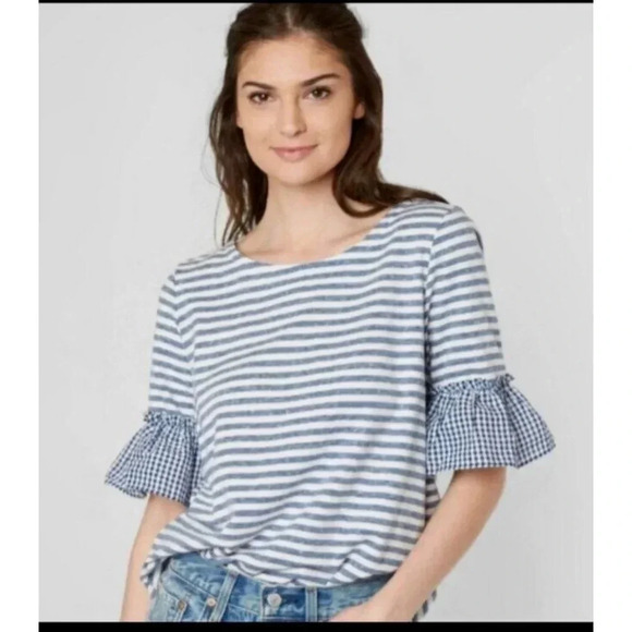 Ruffle Bell Sleeve Striped Plaid Lace Up Boho Mix Media Top Coastal Sz M Casual - Picture 1 of 12